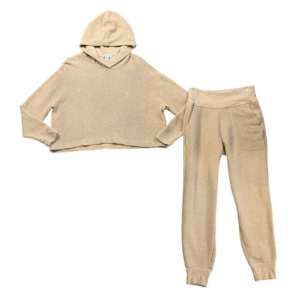 Athleta Hoodie Pants Set Womens S/M Biscuit Waffle Knit Lounge Boxy Sweater 2Pc